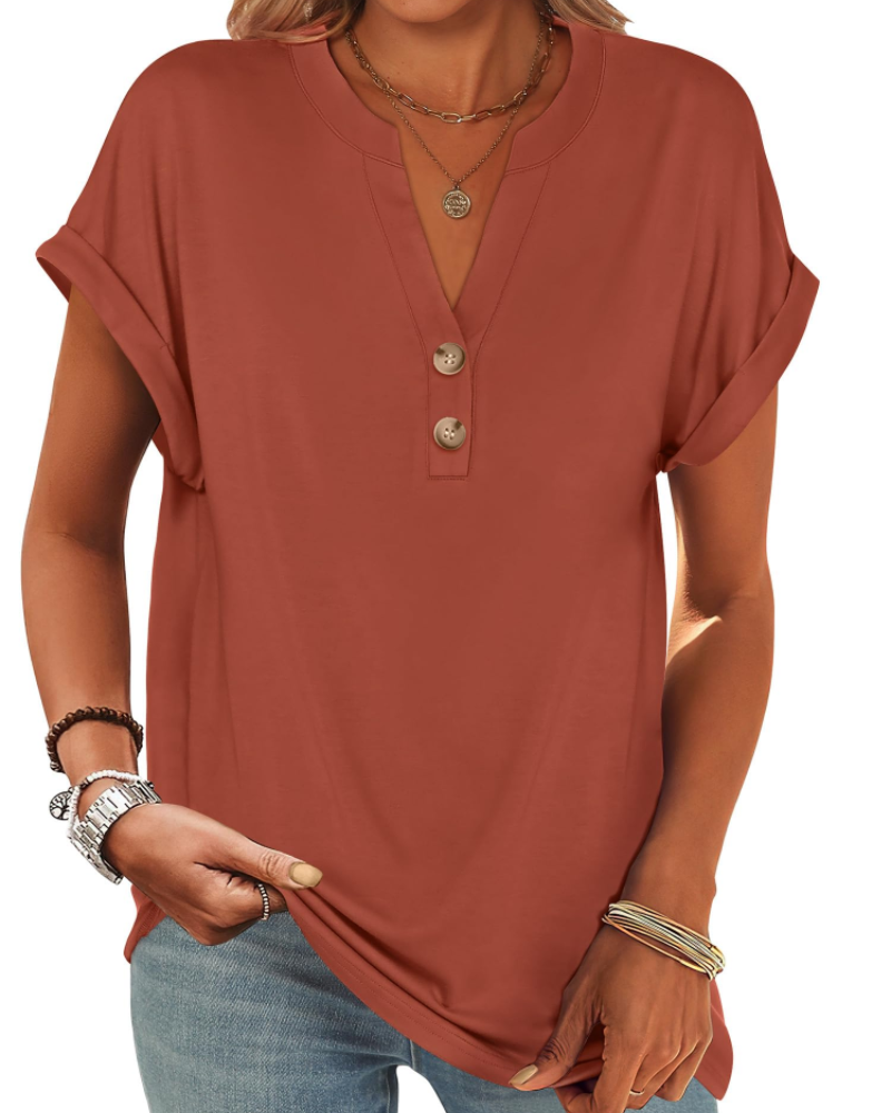 Manon Top Femme – Blusa Henley con Cuello en V Abotonado, Corte Fluido Casual Chic Verano