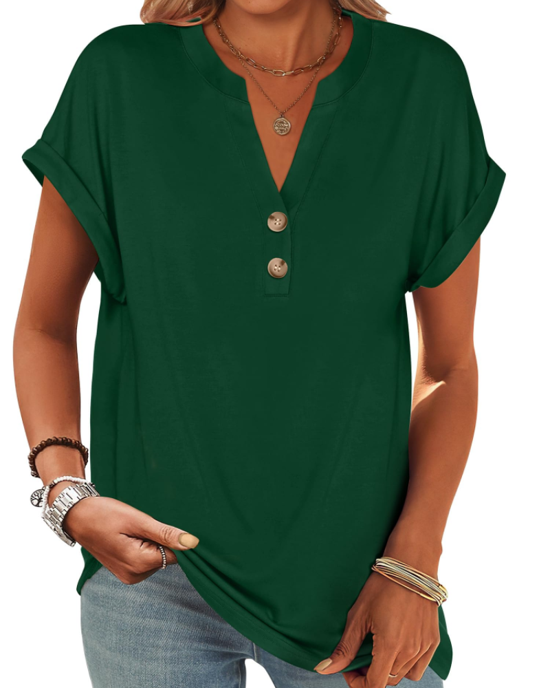 Manon Top Femme – Blusa Henley con Cuello en V Abotonado, Corte Fluido Casual Chic Verano