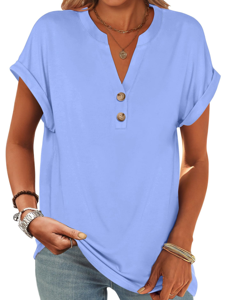 Manon Top Femme – Blusa Henley con Cuello en V Abotonado, Corte Fluido Casual Chic Verano