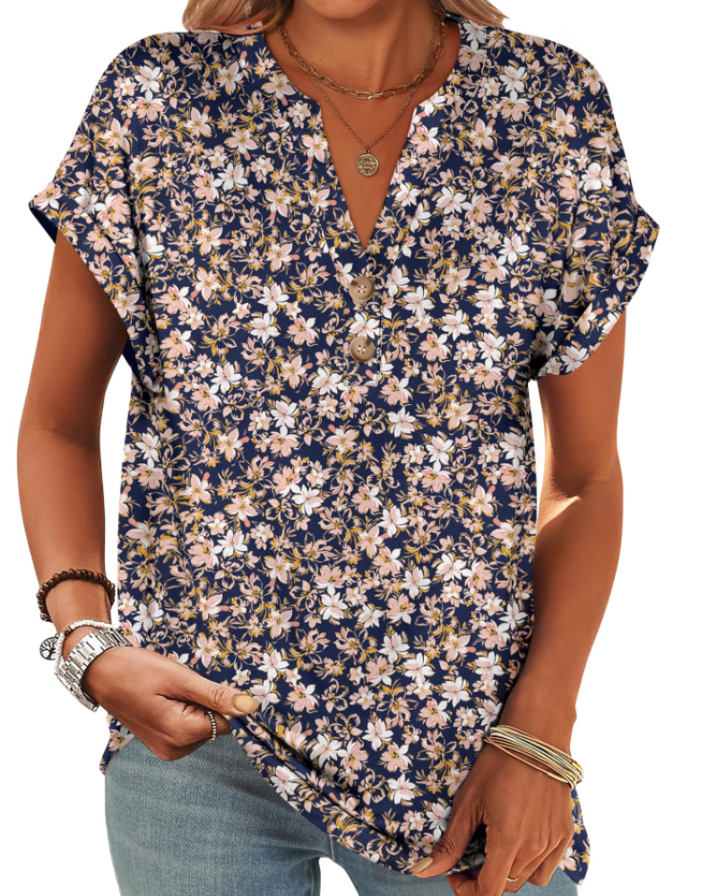 Manon Top Femme – Blusa Henley con Cuello en V Abotonado, Corte Fluido Casual Chic Verano