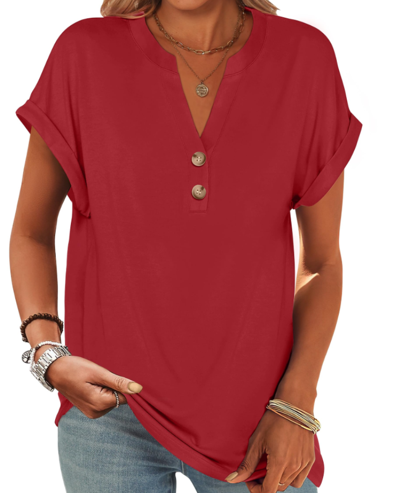 Manon Top Femme – Blusa Henley con Cuello en V Abotonado, Corte Fluido Casual Chic Verano
