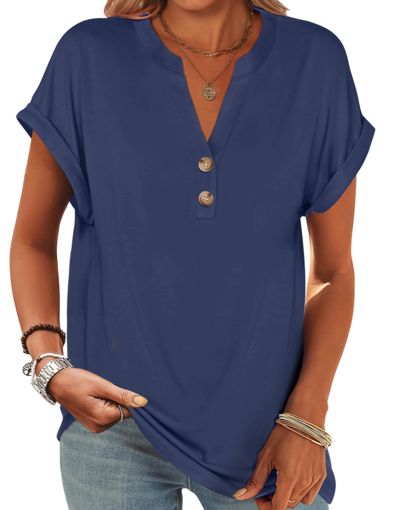Manon Top Femme – Blusa Henley con Cuello en V Abotonado, Corte Fluido Casual Chic Verano