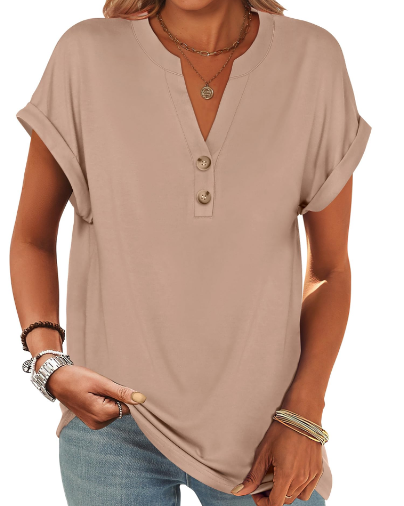 Manon Top Femme – Blusa Henley con Cuello en V Abotonado, Corte Fluido Casual Chic Verano