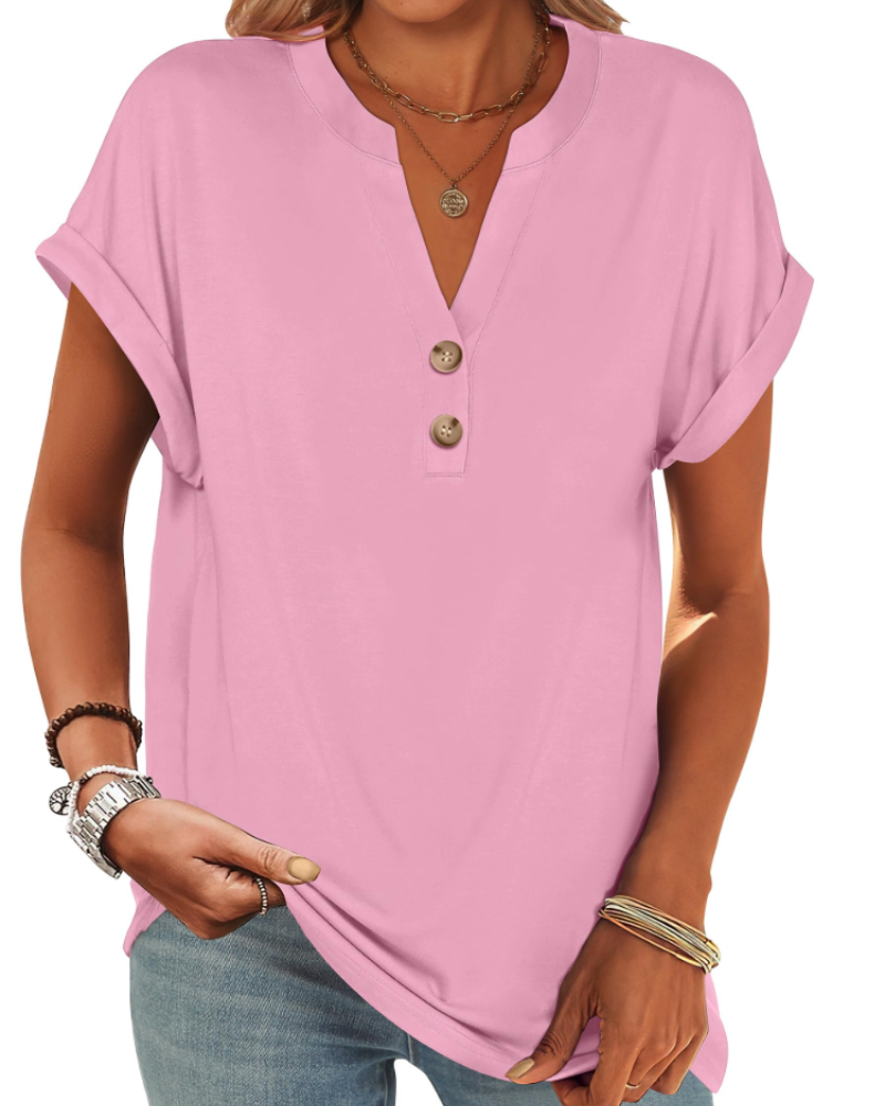 Manon Top Femme – Blusa Henley con Cuello en V Abotonado, Corte Fluido Casual Chic Verano