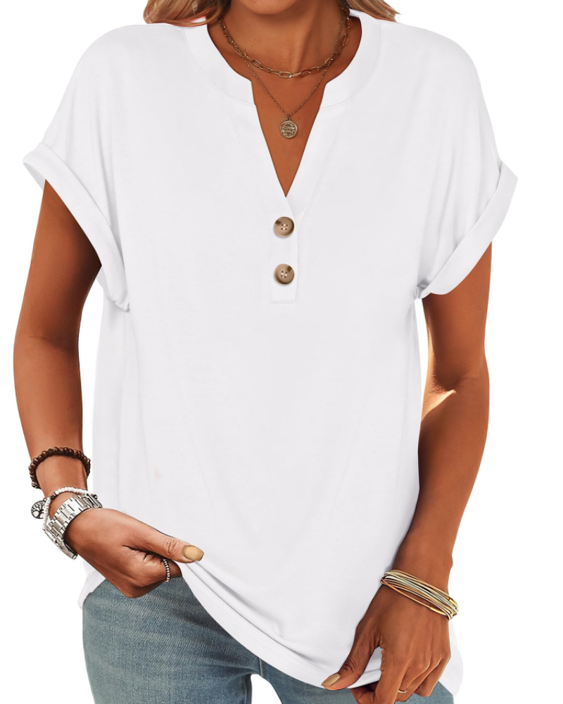 Manon Top Femme – Blusa Henley con Cuello en V Abotonado, Corte Fluido Casual Chic Verano