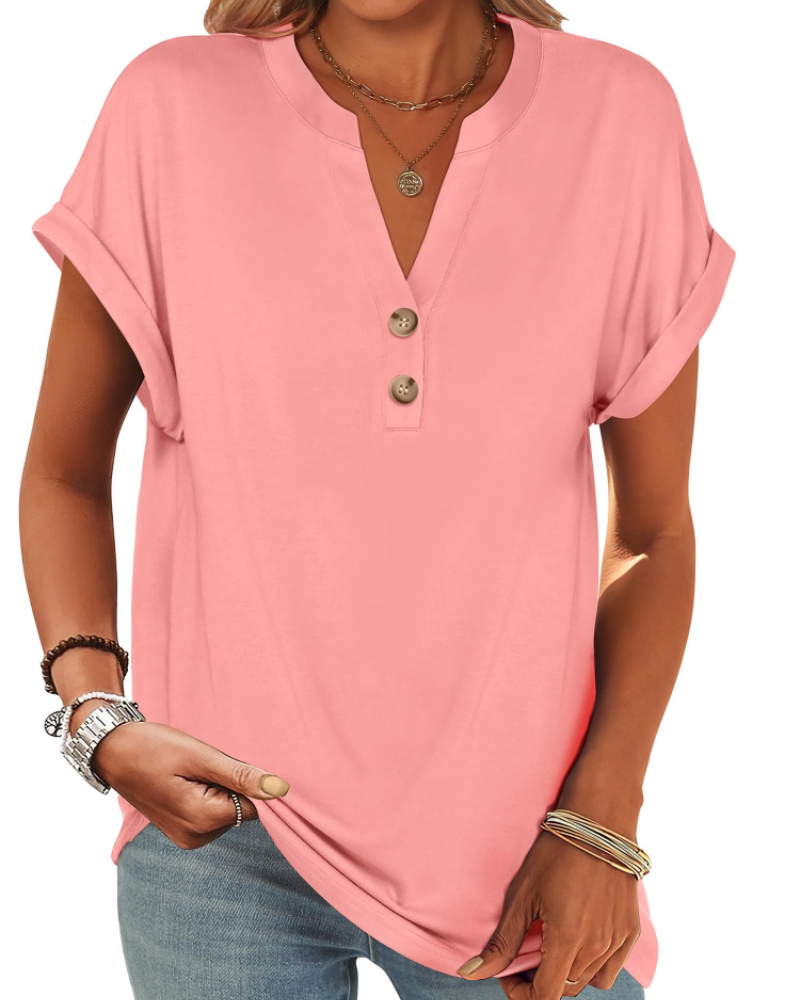 Manon Top Femme – Blusa Henley con Cuello en V Abotonado, Corte Fluido Casual Chic Verano