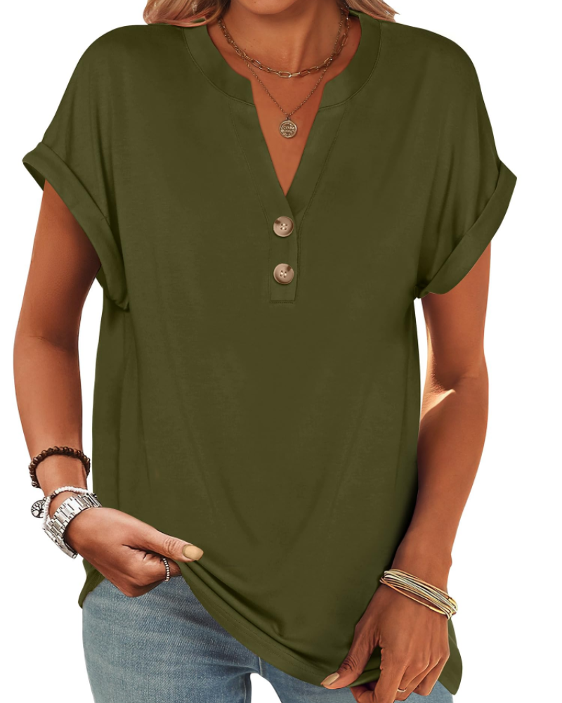 Manon Top Femme – Blusa Henley con Cuello en V Abotonado, Corte Fluido Casual Chic Verano
