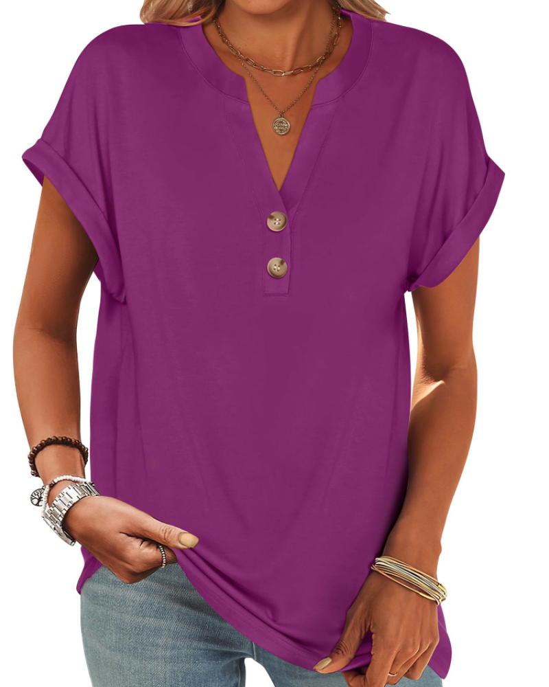Manon Top Femme – Blusa Henley con Cuello en V Abotonado, Corte Fluido Casual Chic Verano