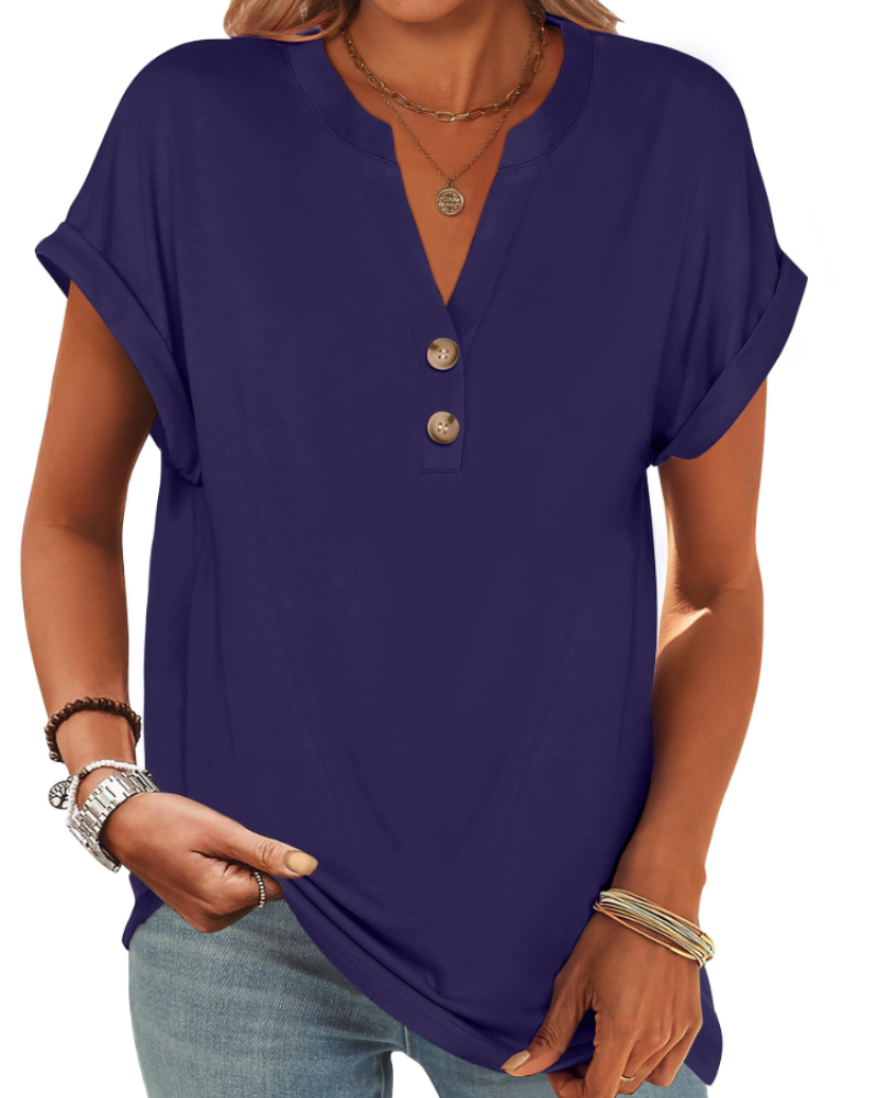 Manon Top Femme – Blusa Henley con Cuello en V Abotonado, Corte Fluido Casual Chic Verano