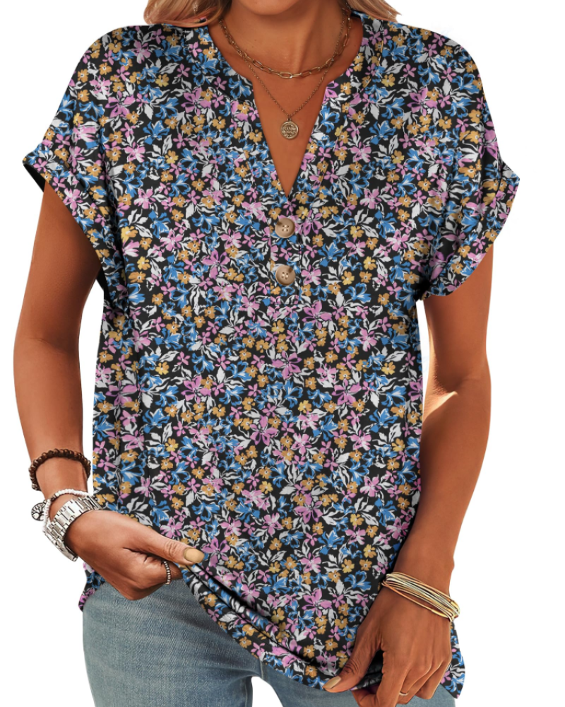 Manon Top Femme – Blusa Henley con Cuello en V Abotonado, Corte Fluido Casual Chic Verano