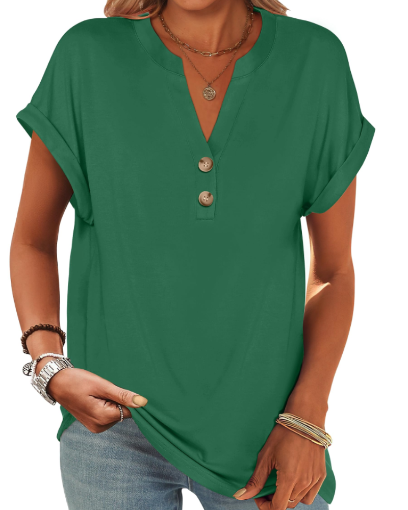 Manon Top Femme – Blusa Henley con Cuello en V Abotonado, Corte Fluido Casual Chic Verano