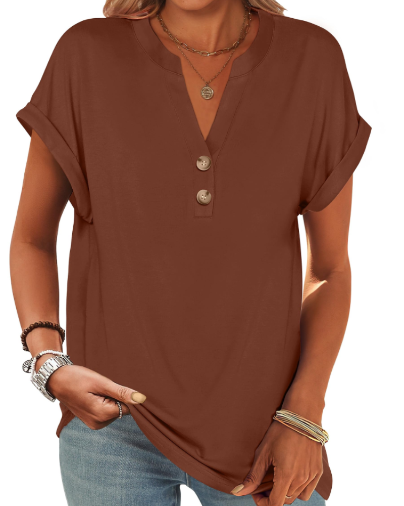 Manon Top Femme – Blusa Henley con Cuello en V Abotonado, Corte Fluido Casual Chic Verano