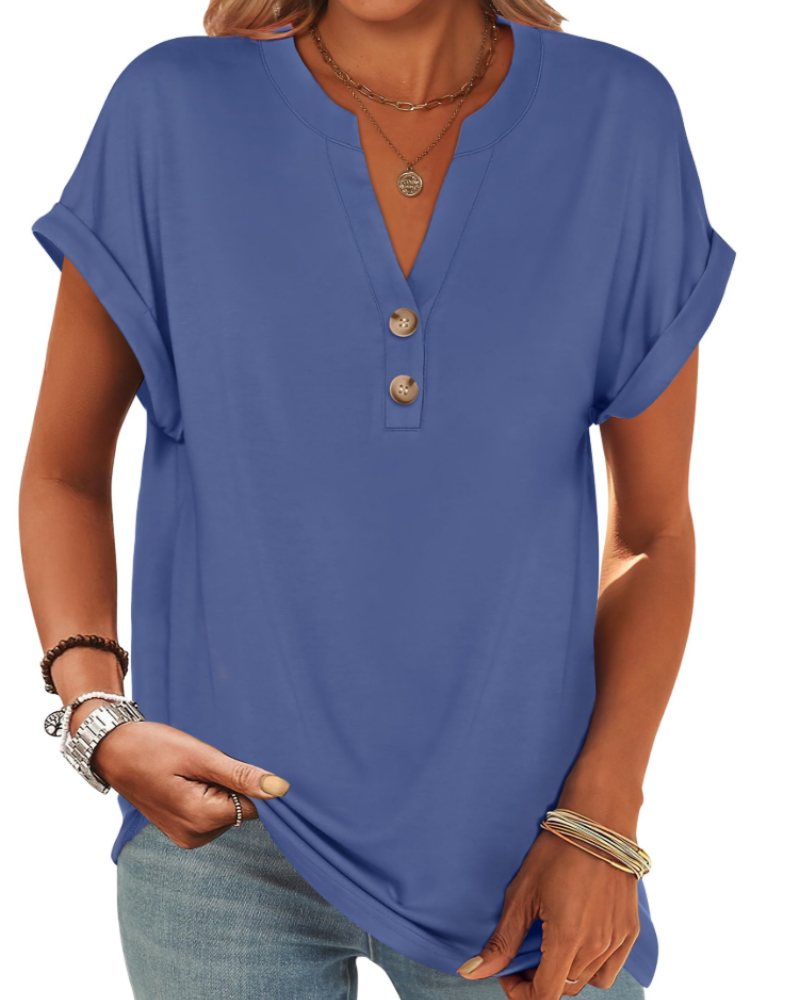 Manon Top Femme – Blusa Henley con Cuello en V Abotonado, Corte Fluido Casual Chic Verano