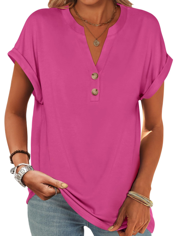 Manon Top Femme – Blusa Henley con Cuello en V Abotonado, Corte Fluido Casual Chic Verano