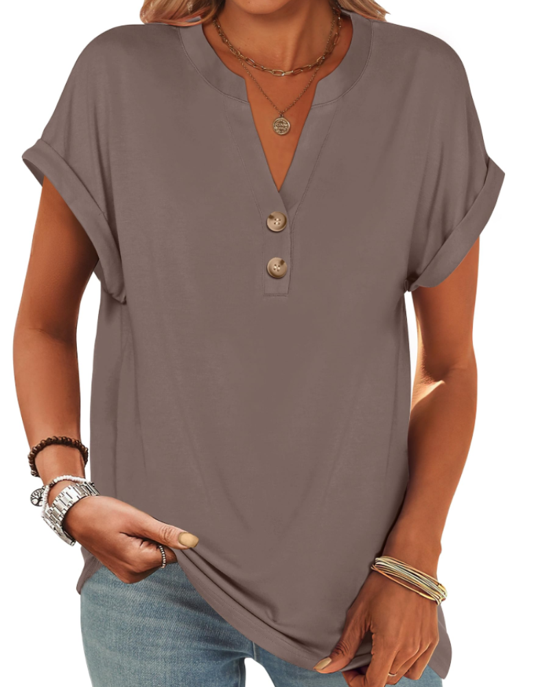 Manon Top Femme – Blusa Henley con Cuello en V Abotonado, Corte Fluido Casual Chic Verano