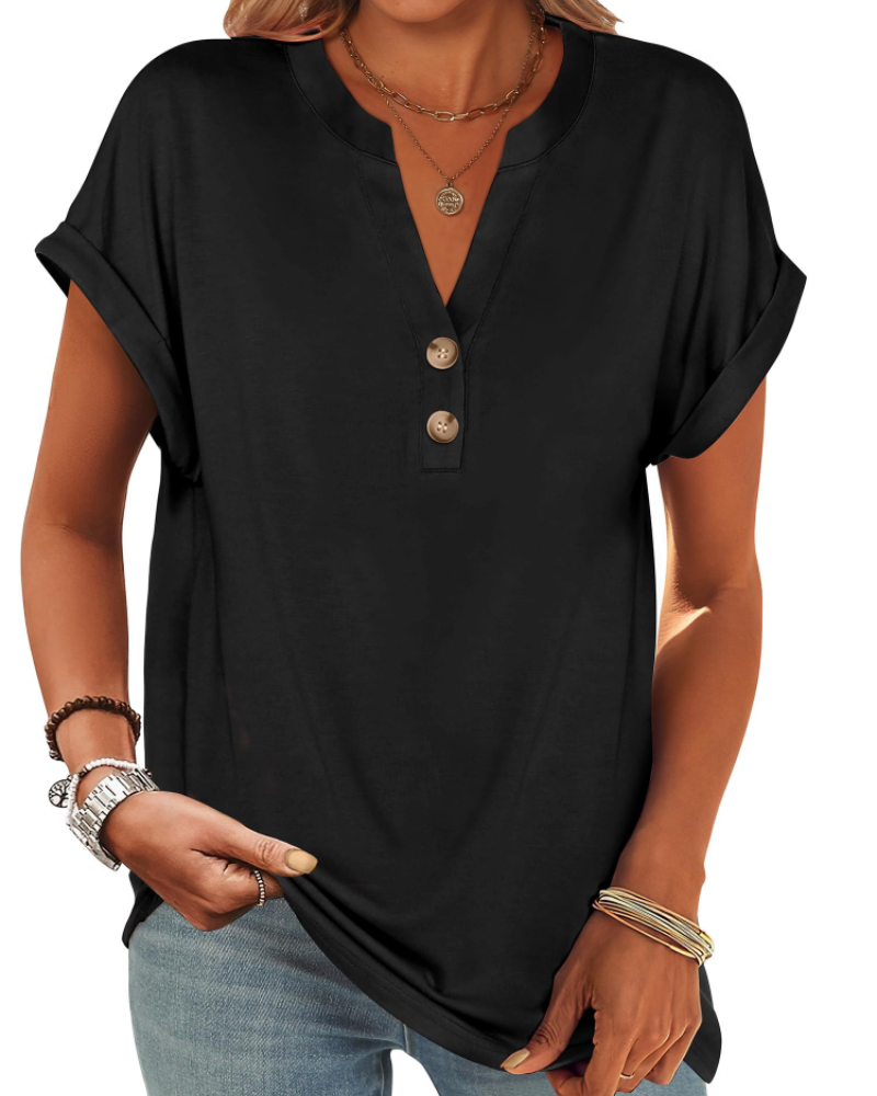 Manon Top Femme – Blusa Henley con Cuello en V Abotonado, Corte Fluido Casual Chic Verano
