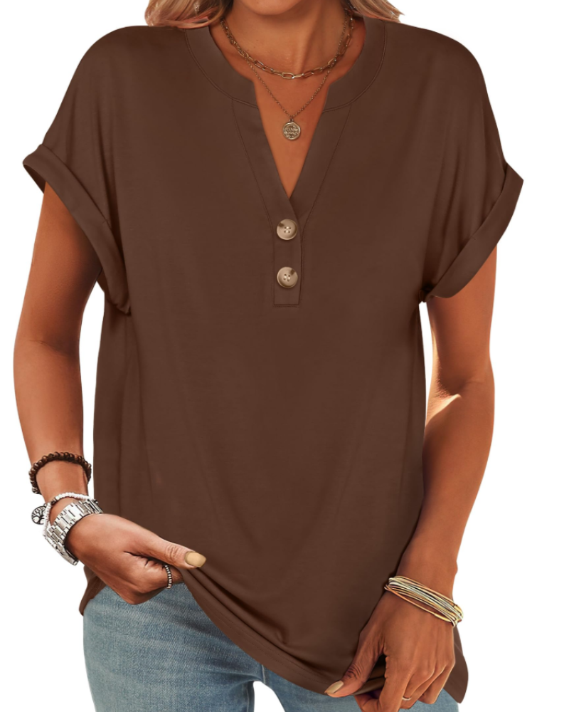 Manon Top Femme – Blusa Henley con Cuello en V Abotonado, Corte Fluido Casual Chic Verano