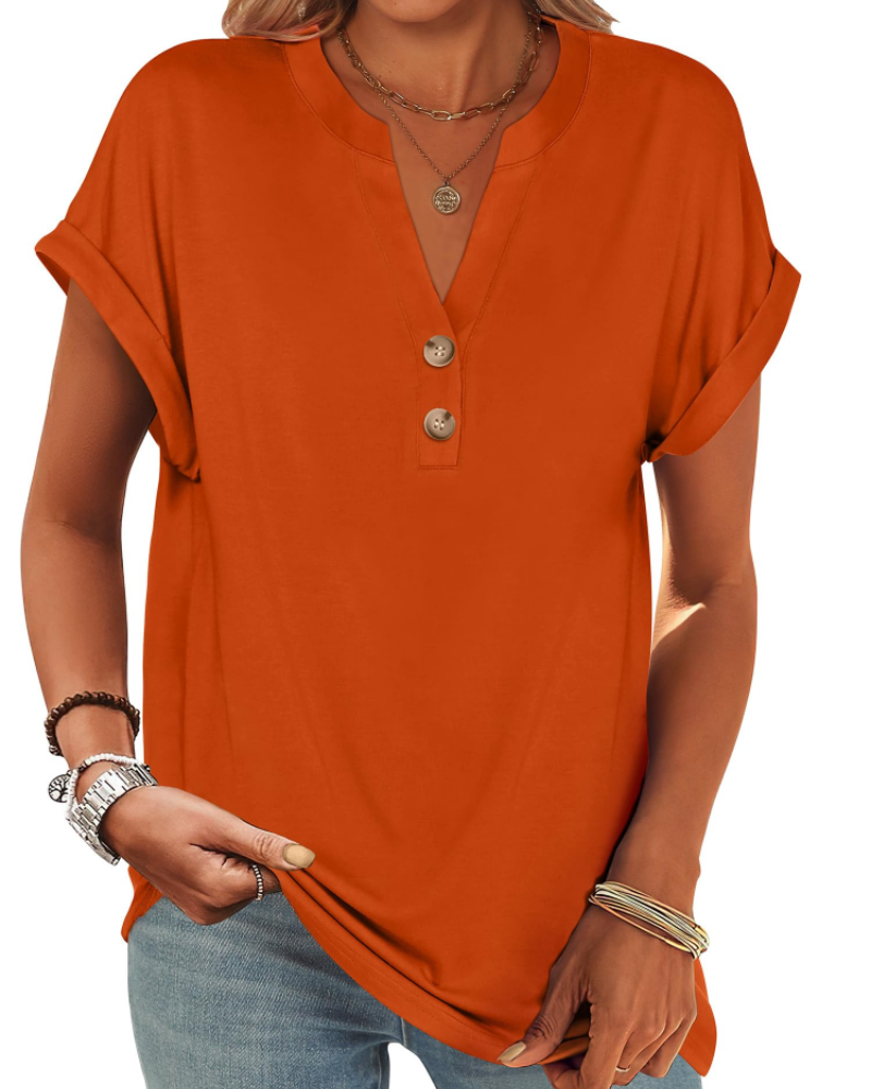 Manon Top Femme – Blusa Henley con Cuello en V Abotonado, Corte Fluido Casual Chic Verano