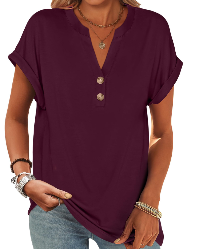 Manon Top Femme – Blusa Henley con Cuello en V Abotonado, Corte Fluido Casual Chic Verano