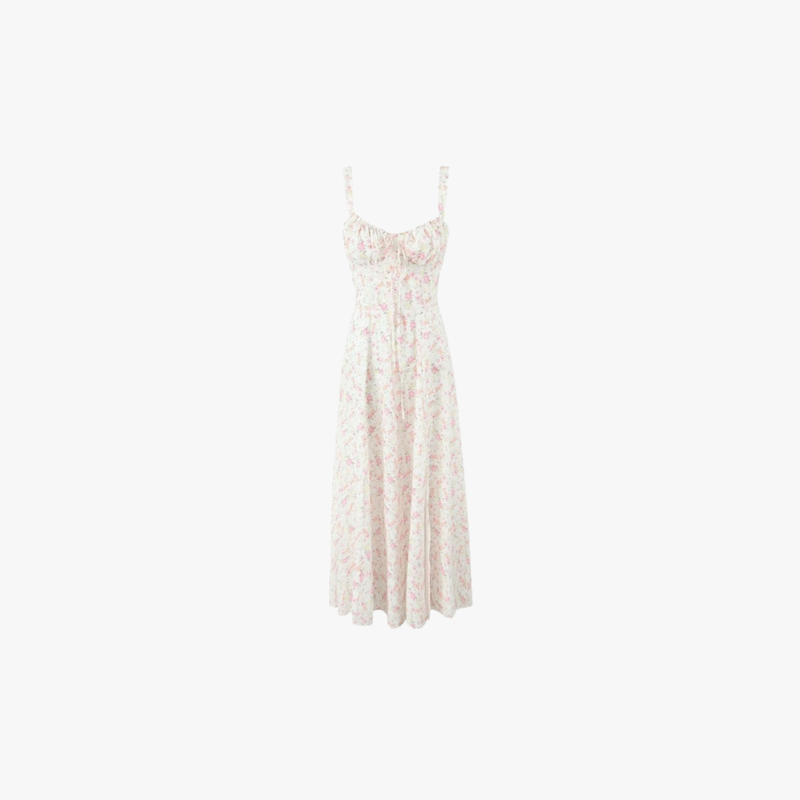 Abito da donna Emelie Midi - Abito fiorito romantico con cinghie regolabili e vita curva
