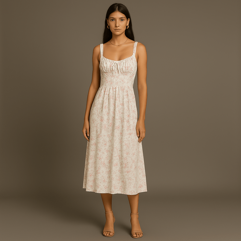 Abito da donna Emelie Midi - Abito fiorito romantico con cinghie regolabili e vita curva