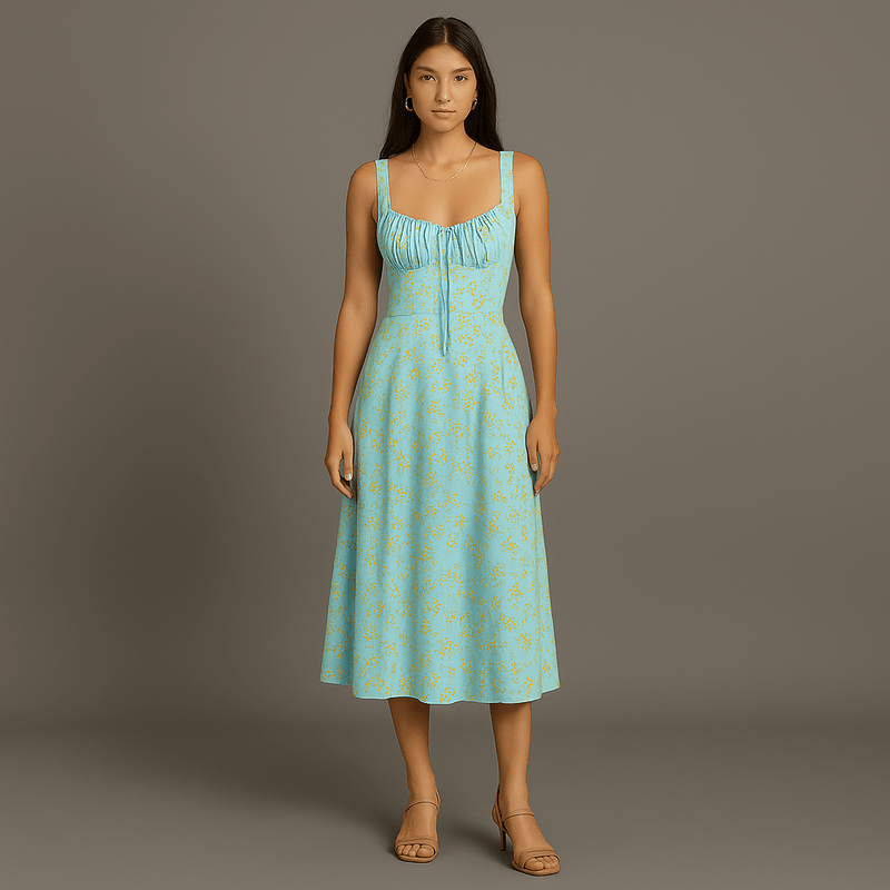 Abito da donna Emelie Midi - Abito fiorito romantico con cinghie regolabili e vita curva