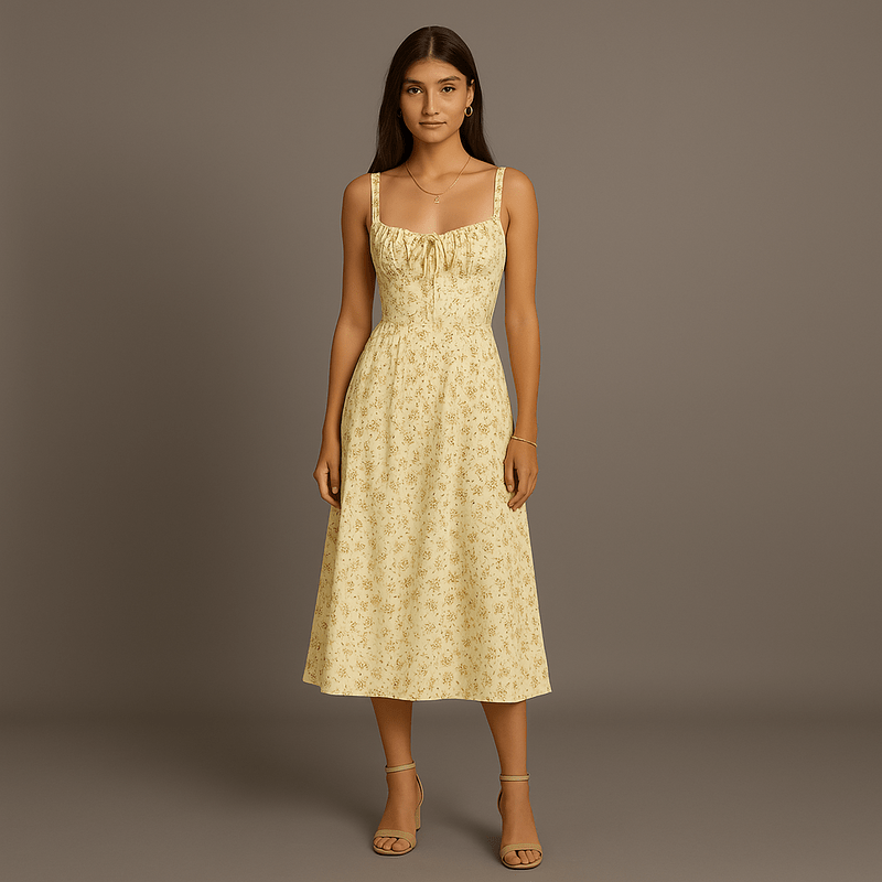 Abito da donna Emelie Midi - Abito fiorito romantico con cinghie regolabili e vita curva