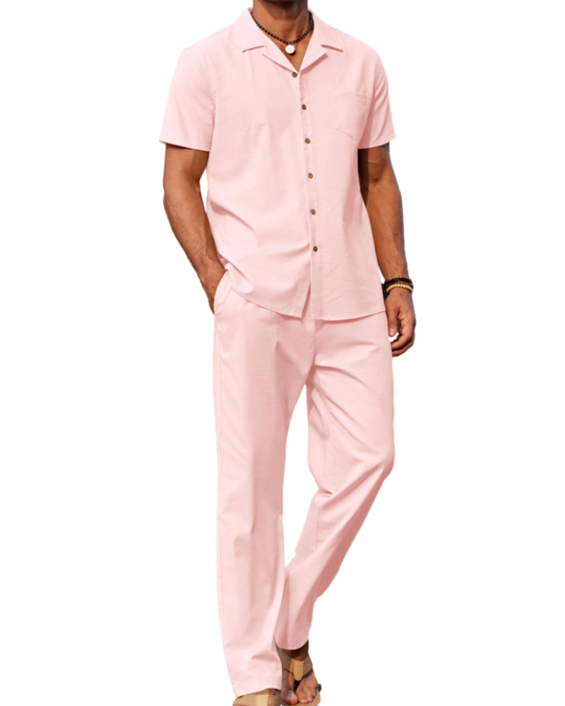 Conjunto Oliver Homem Verão – Camisa de Linho com Gola Cubana & Calças Casuais