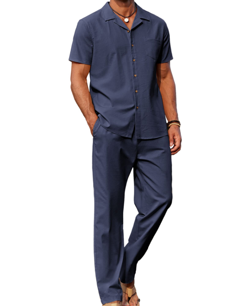 Conjunto Oliver Homem Verão – Camisa de Linho com Gola Cubana & Calças Casuais