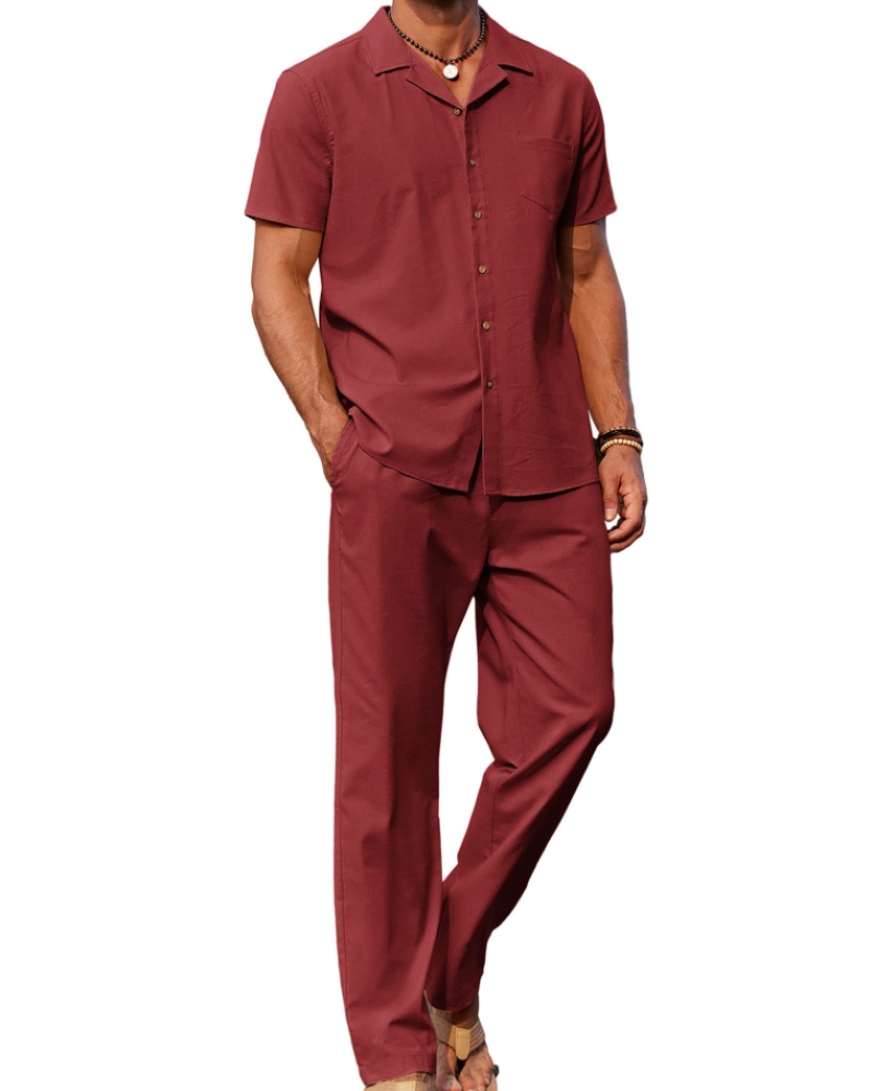 Conjunto Oliver Homem Verão – Camisa de Linho com Gola Cubana & Calças Casuais