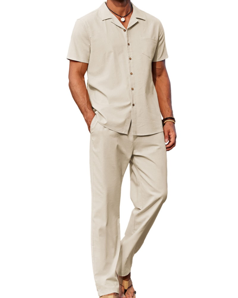 Conjunto Oliver Homem Verão – Camisa de Linho com Gola Cubana & Calças Casuais