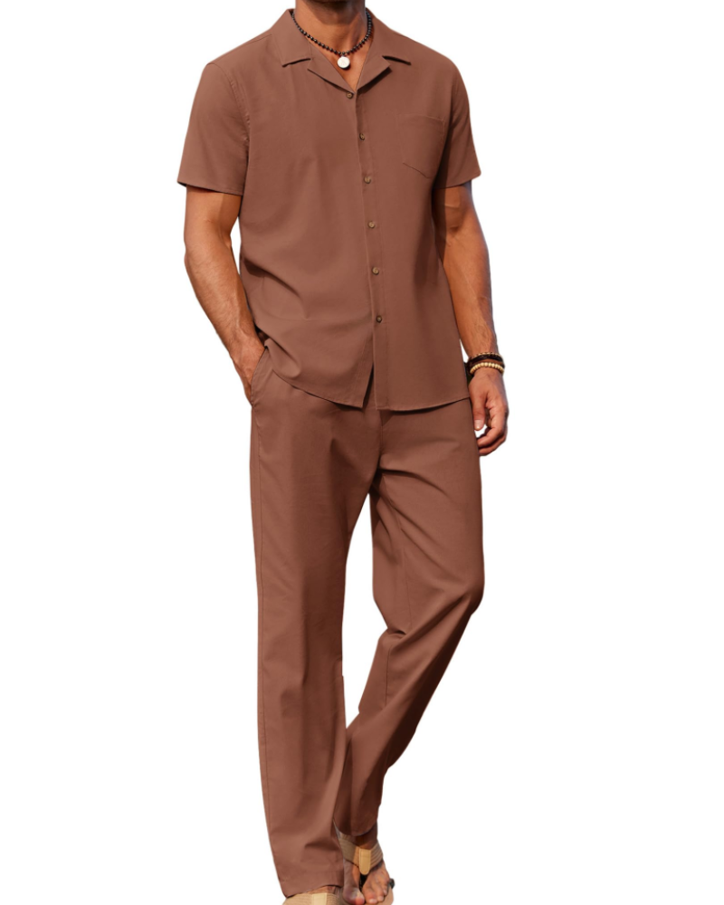 Conjunto Oliver Homem Verão – Camisa de Linho com Gola Cubana & Calças Casuais