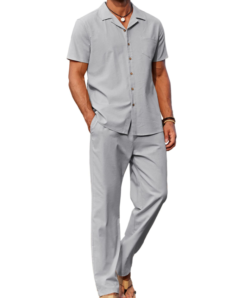 Conjunto Oliver Homem Verão – Camisa de Linho com Gola Cubana & Calças Casuais