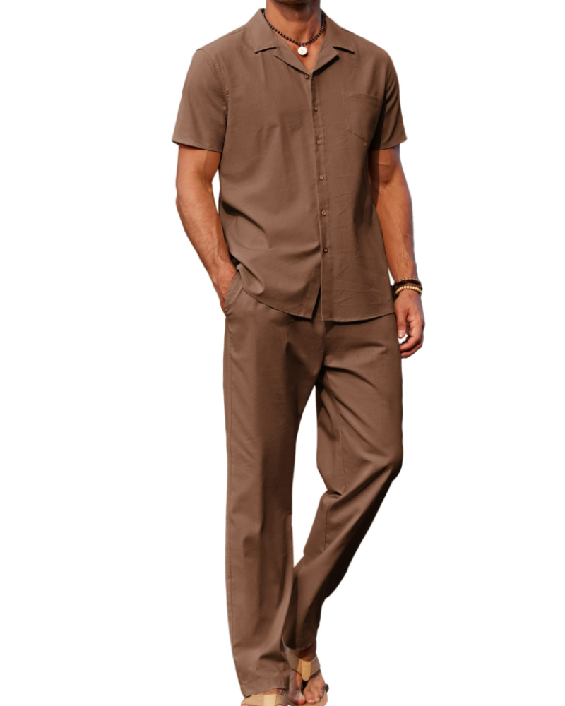 Conjunto Oliver Homem Verão – Camisa de Linho com Gola Cubana & Calças Casuais