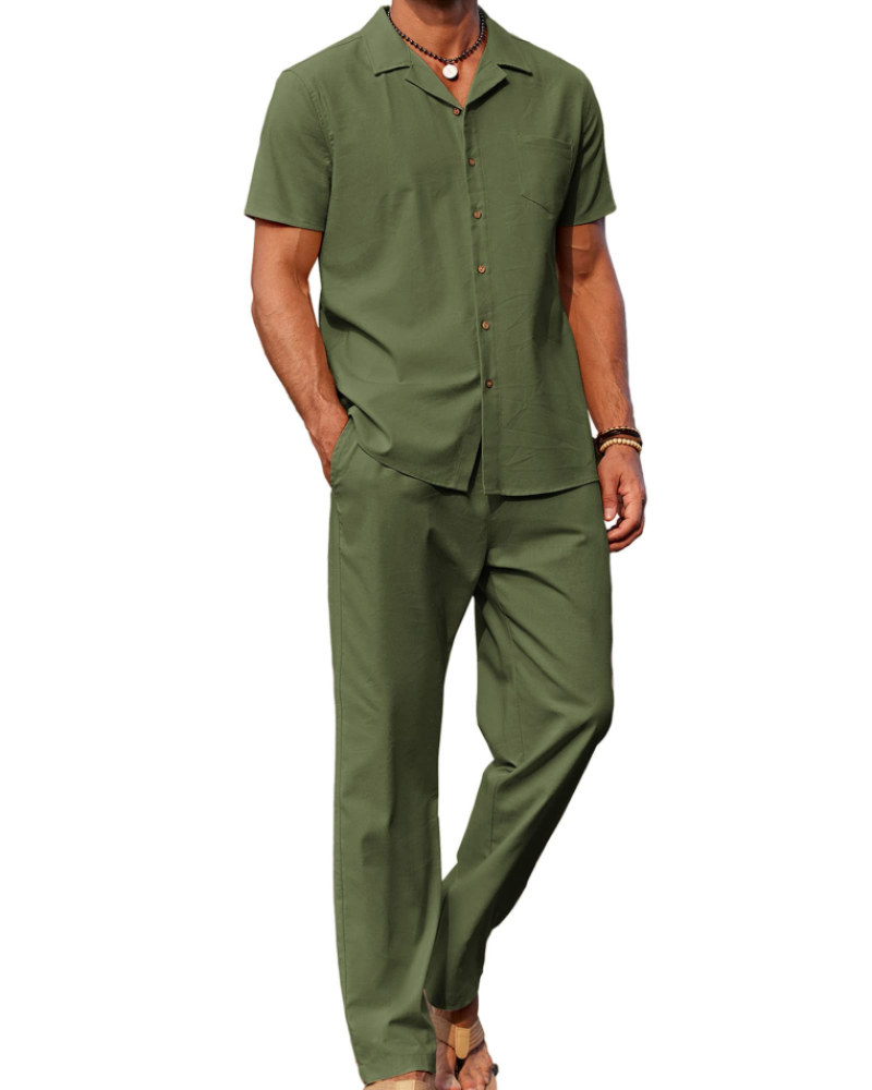 Conjunto Oliver Homem Verão – Camisa de Linho com Gola Cubana & Calças Casuais