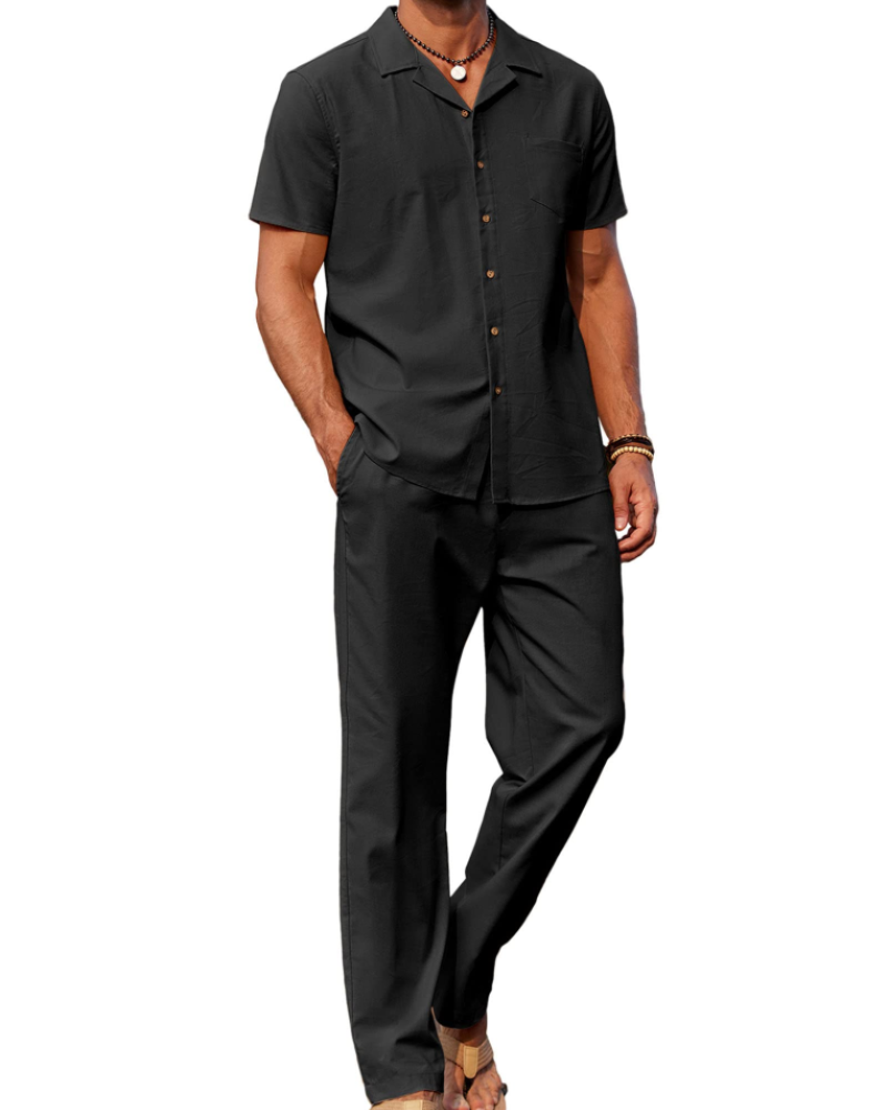 Conjunto Oliver Homem Verão – Camisa de Linho com Gola Cubana & Calças Casuais
