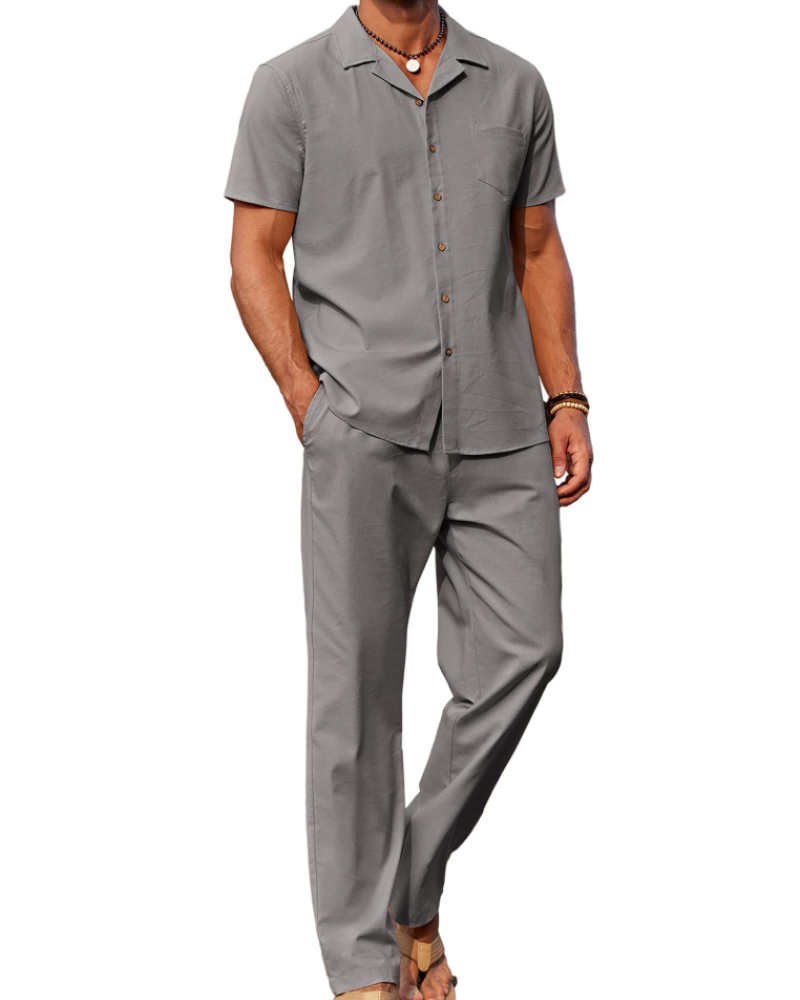 Conjunto Oliver Homem Verão – Camisa de Linho com Gola Cubana & Calças Casuais