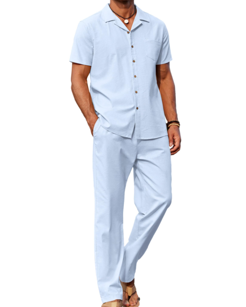 Conjunto Oliver Homem Verão – Camisa de Linho com Gola Cubana & Calças Casuais