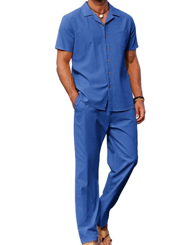 Conjunto Oliver Homem Verão – Camisa de Linho com Gola Cubana & Calças Casuais