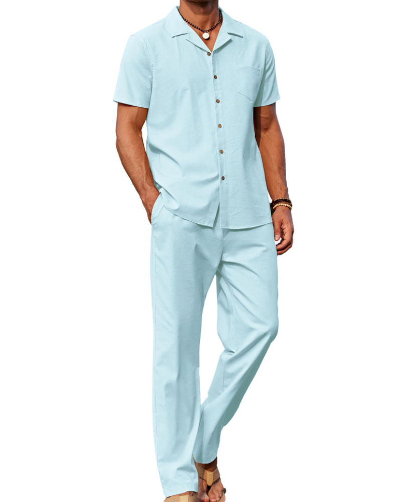 Conjunto Oliver Homem Verão – Camisa de Linho com Gola Cubana & Calças Casuais