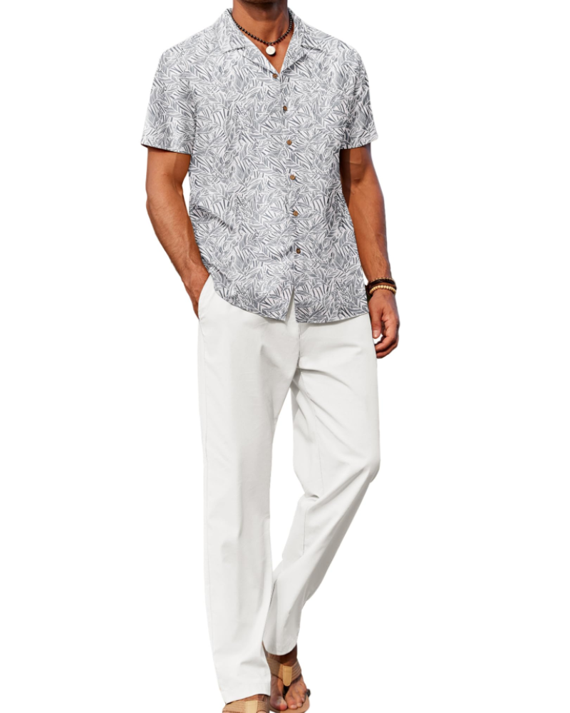 Conjunto Oliver Homem Verão – Camisa de Linho com Gola Cubana & Calças Casuais