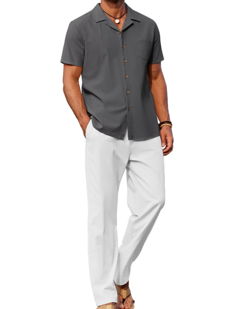 Conjunto Oliver Homem Verão – Camisa de Linho com Gola Cubana & Calças Casuais