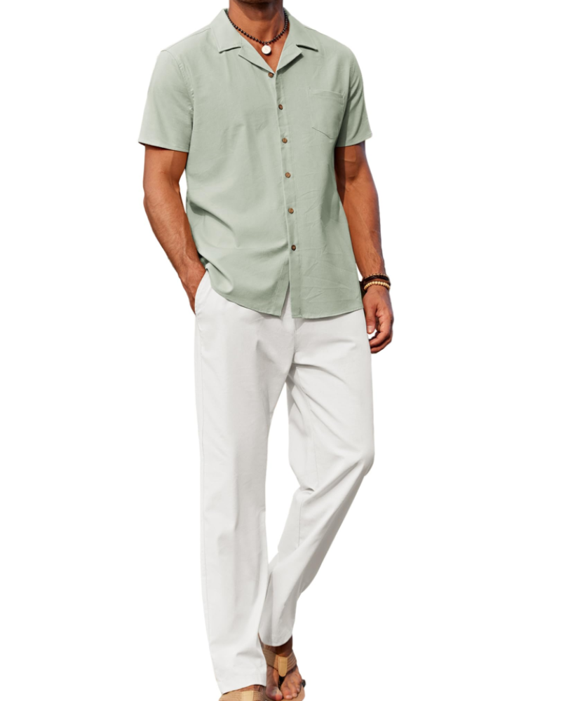 Conjunto Oliver Homem Verão – Camisa de Linho com Gola Cubana & Calças Casuais