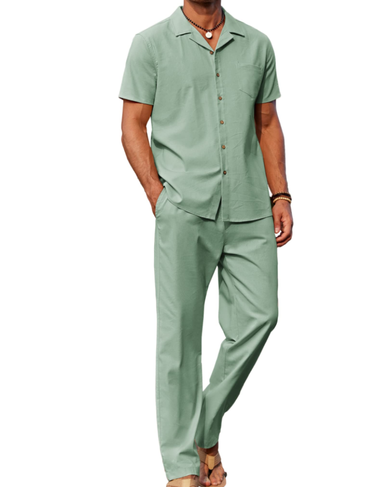 Conjunto Oliver Homem Verão – Camisa de Linho com Gola Cubana & Calças Casuais