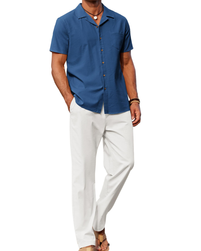 Conjunto Oliver Homem Verão – Camisa de Linho com Gola Cubana & Calças Casuais