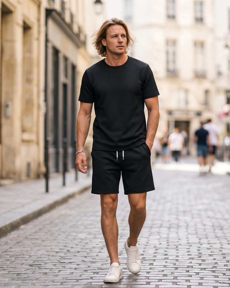 Liam Ensemble Jacquard Homme – T-Shirt & Short d'Été 2 Pièces avec Poches