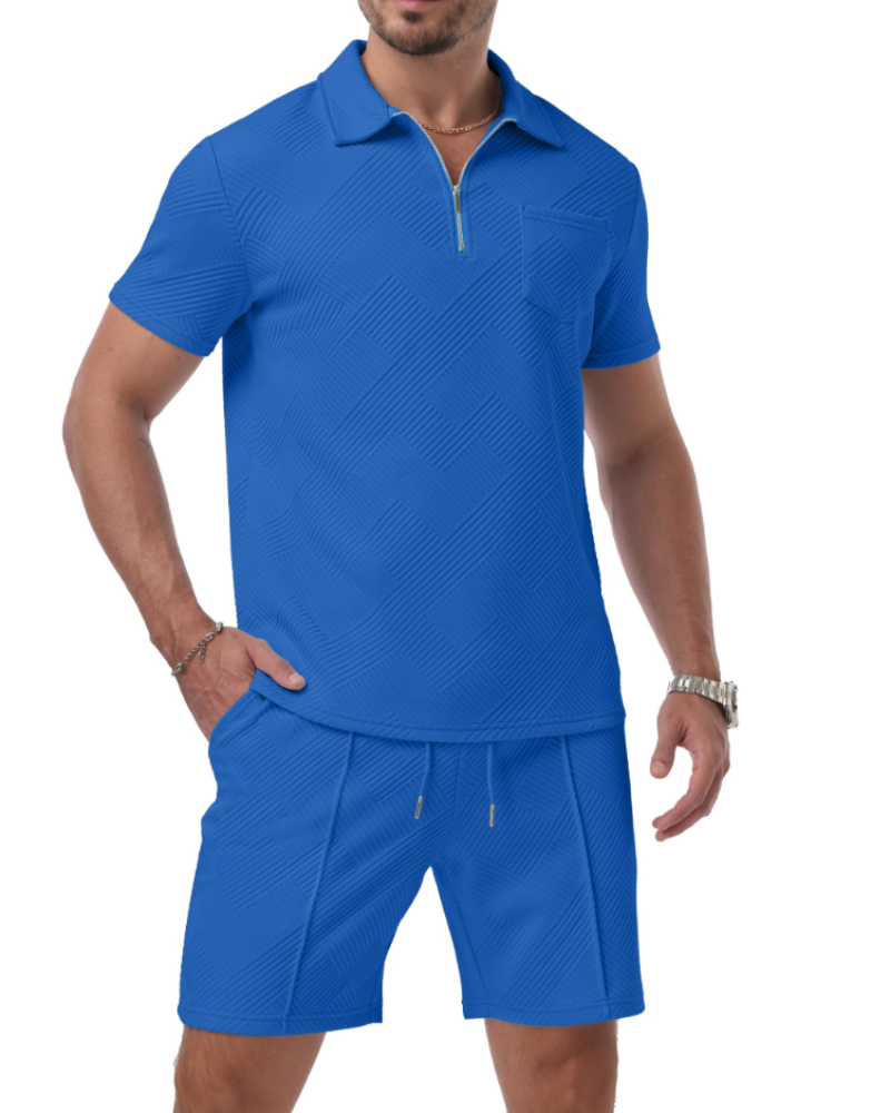 Ethan Ensemble Polo Homme – Polo Jacquard à Zip & Short 2 Pièces d'Été