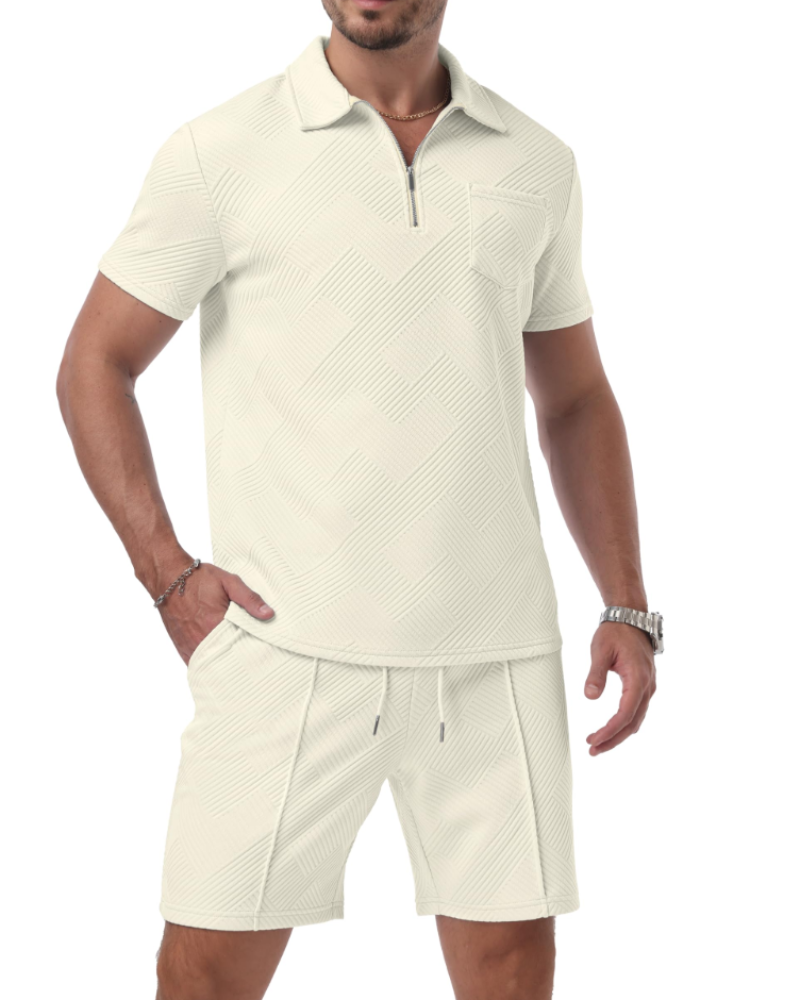 Ethan Ensemble Polo Homme – Polo Jacquard à Zip & Short 2 Pièces d'Été