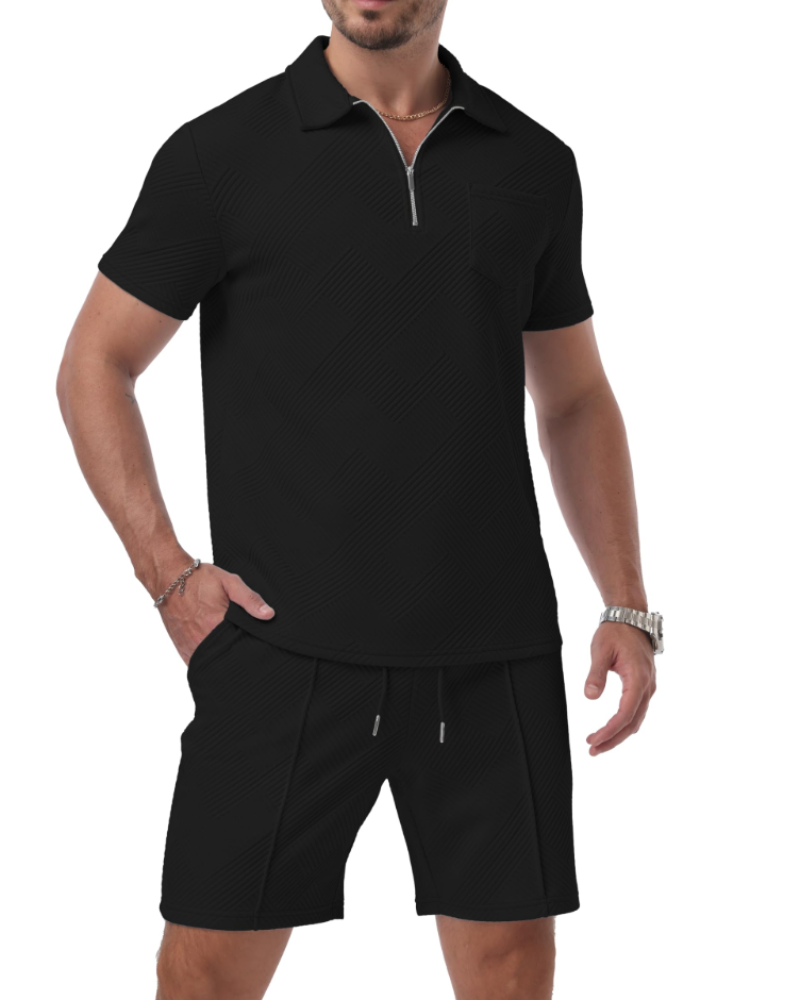 Ethan Ensemble Polo Homme – Polo Jacquard à Zip & Short 2 Pièces d'Été