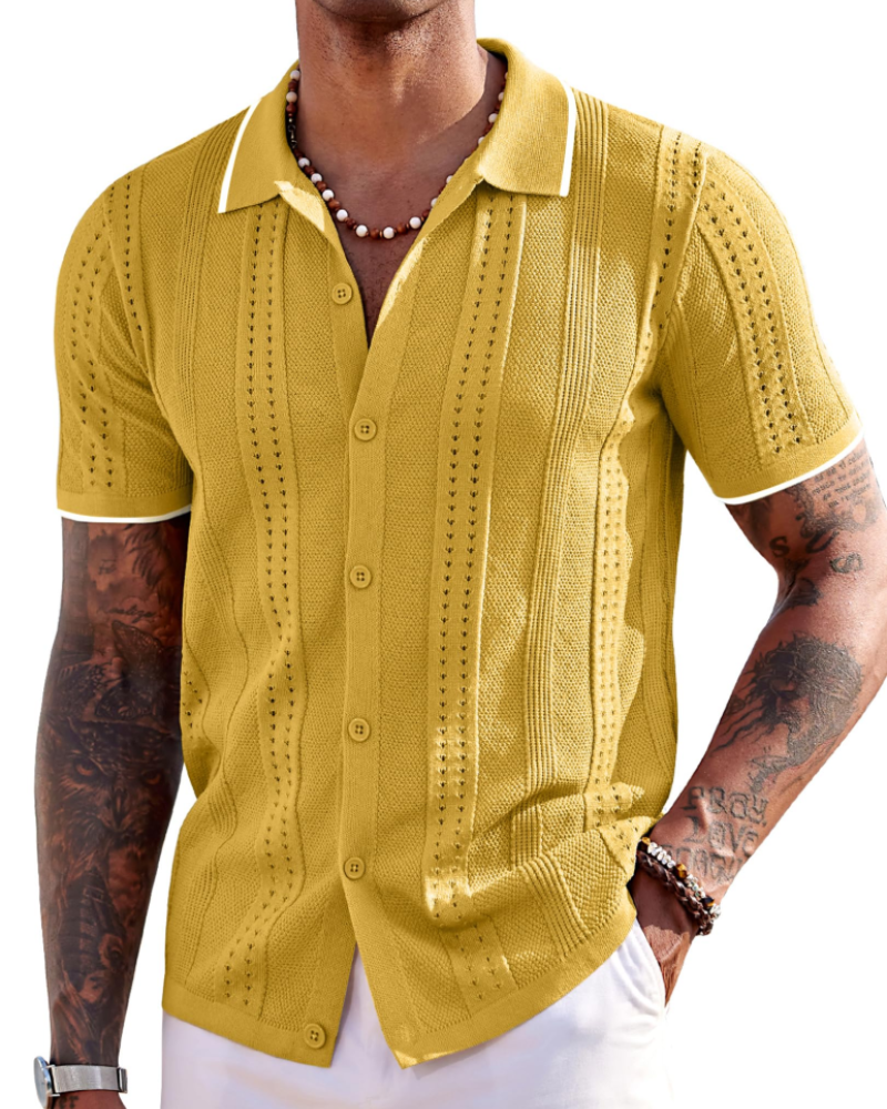 Polo Nathan Homem Malha Texturada – Mangas Curtas com Botões & Gola Clássica